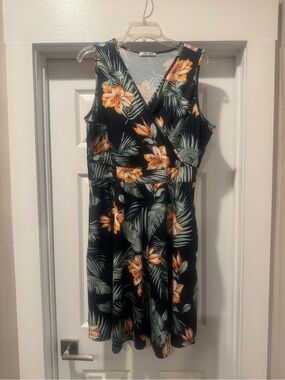 Floral Faux Wrap Sundress in Navy Blue with Orange Blossoms